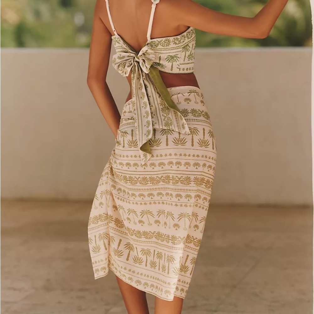 Anthropology Celandine Beaded Palm Tree Cami. Green and Cream Beaded Crop Top